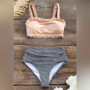 Pink Ruffle Bandeau Bikini High Waisted striped full coverage Bottom 10/11 end